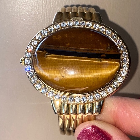 VINTAGE GENEVA Tigers Eye Gemstone bangle Bracelet Cuff watch Quartz Custom - Picture 5 of 16